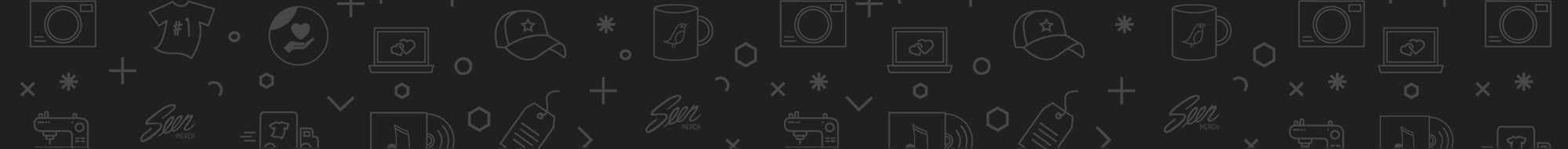 Dark banner with line art icons of apparel, hats, mugs, tags, sewing machines, laptops, and the Seer Merch logo repeated as a background pattern.