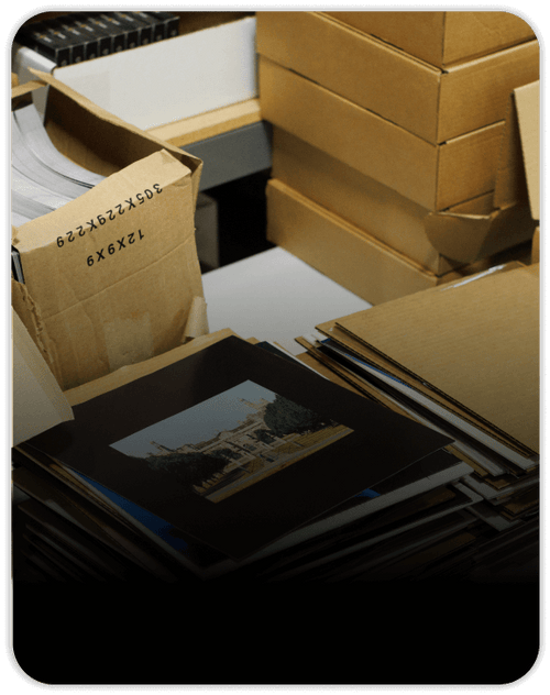 Images of prints and shipping boxes